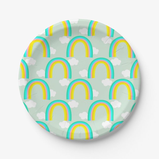 Rainbow with Cloud Blue Paper Plates (Front)