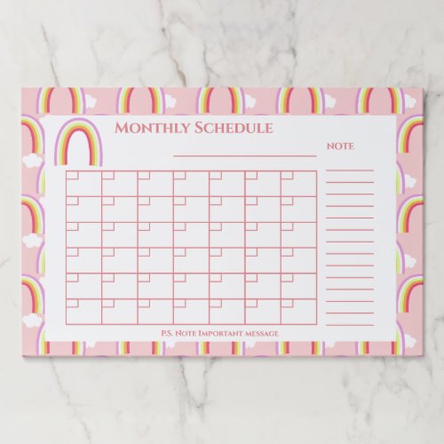 Rainbow with Cloud Monthly Schedule Pink Paper Pad