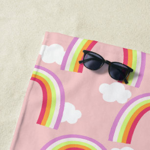 Rainbow with Cloud Pink Beach Towel