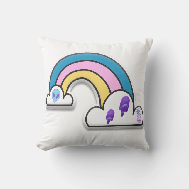 Rainbow with Clouds Illustration Throw Pillow (Front)