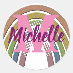 Rainbow With Faux Rustic Paper Texture Custom Name Classic Round Sticker