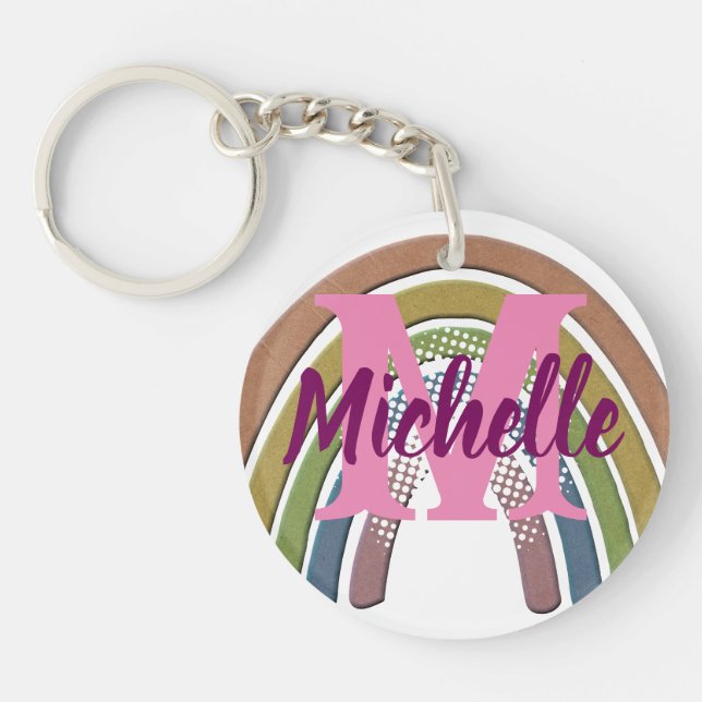 Rainbow With Faux Rustic Paper Texture Custom Name Keychain (Front)