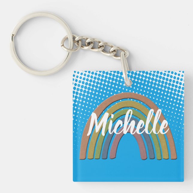 Rainbow With Faux Rustic Paper Texture Keychain (Front)