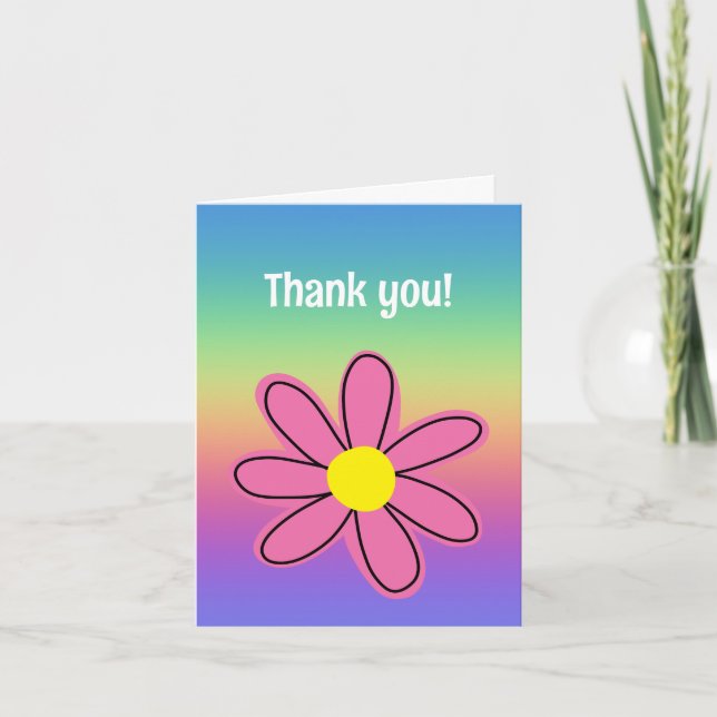 Rainbow with Pink Flower Blank Thank You Card (Front)