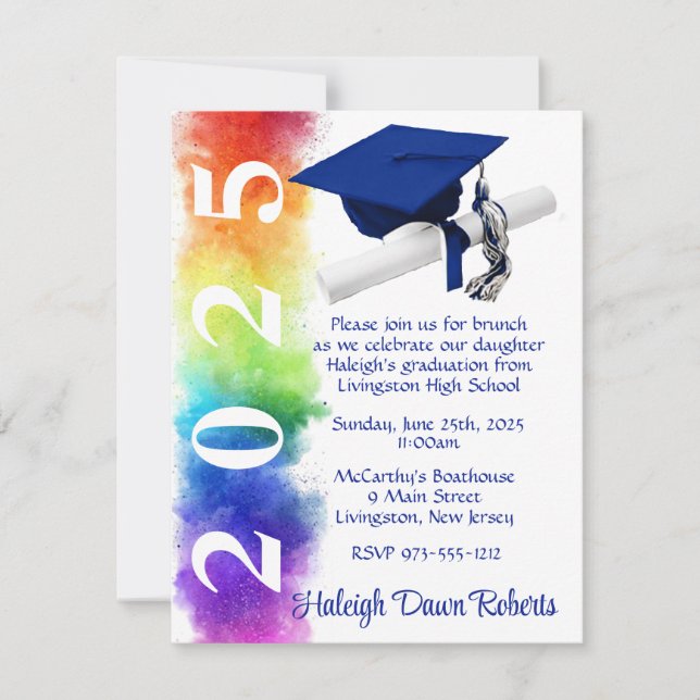 Rainbow with Royal Blue Graduation Invitation (Front)