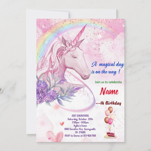 Rainbow with Unicorn Birthday cards  (Front)