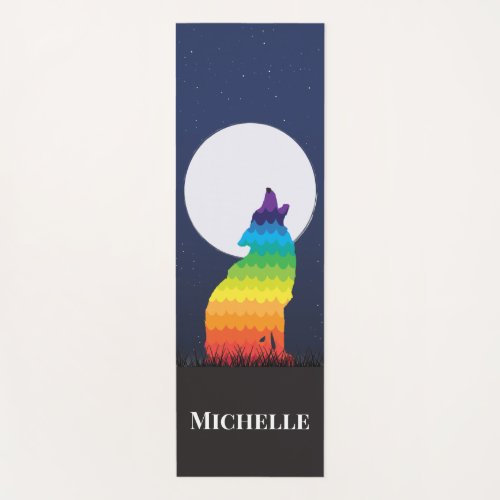 Rainbow Wolf and Moon Personalized Yoga Mat