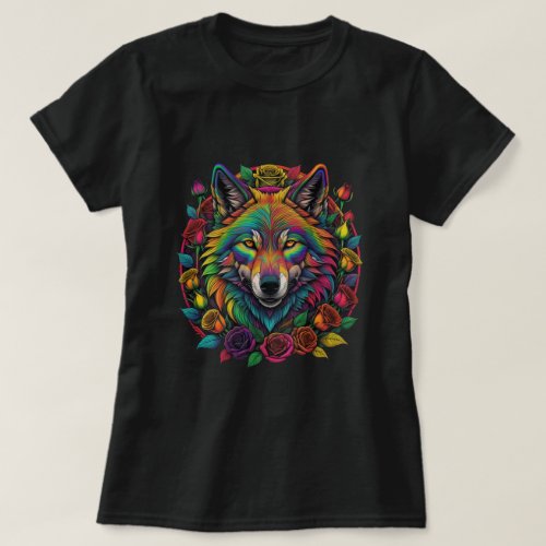 Rainbow Wolf With Roses T_Shirt
