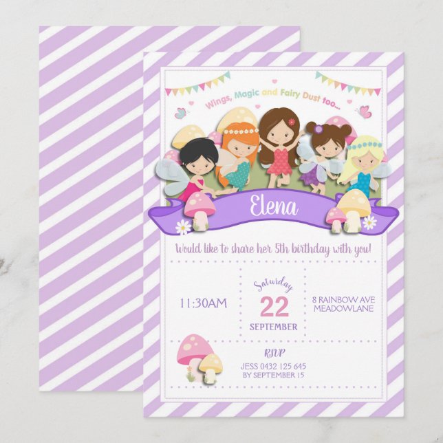 Rainbow Woodland Fairy Birthday Invitation Girl (Front/Back)