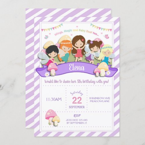 Rainbow Woodland Fairy Birthday Invitation Girl