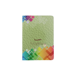 Rainbow World Colored Squares Green Leather Passport Holder