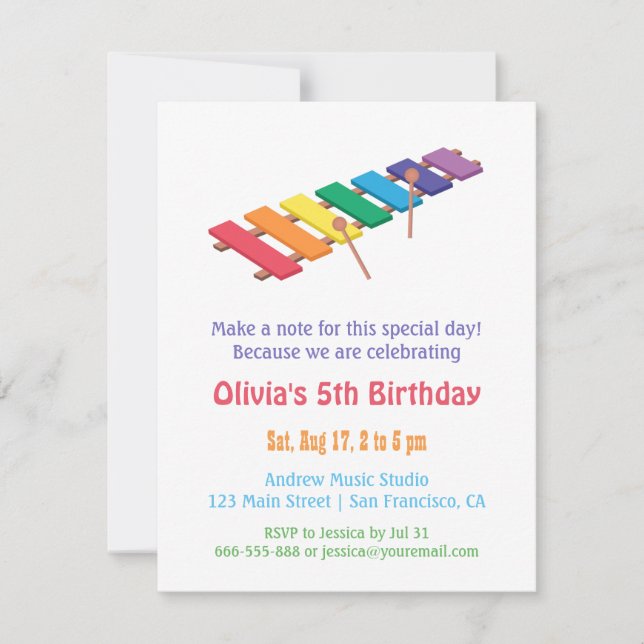 Rainbow Xylophone Kids Music Themed Birthday Party Invitation (Front)