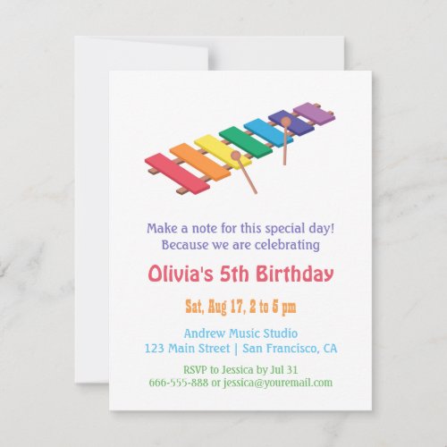 Rainbow Xylophone Kids Music Themed Birthday Party Invitation