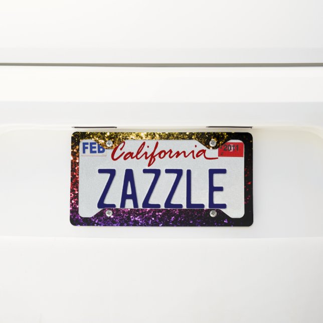 Rainbow yellow red purple faux glitter sparkles license plate frame (On Car)