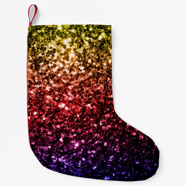 Rainbow yellow red purple faux glitter sparkles small christmas stocking (Front)