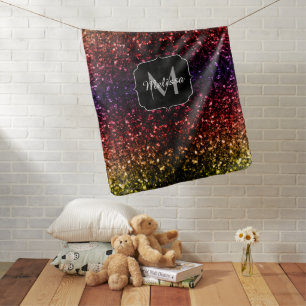 Rainbow yellow red purple faux sparkles Monogram Baby Blanket
