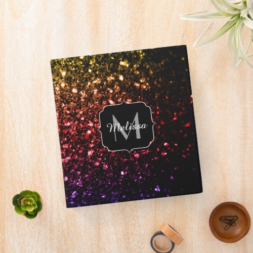 Rainbow yellow red purple faux sparkles Monogram Binder