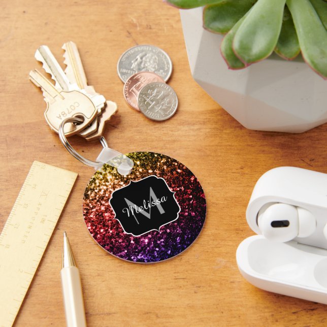 Rainbow yellow red purple faux sparkles Monogram Keychain (Desk)