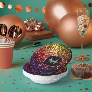 Rainbow yellow red purple faux sparkles Monogram Paper Bowls