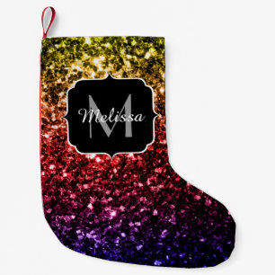 Rainbow yellow red purple faux sparkles Monogram Small Christmas Stocking
