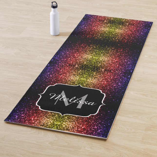 Rainbow yellow red purple faux sparkles Monogram Yoga Mat (In Situ)
