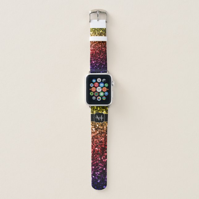 Rainbow yellow red purple sparkles Monogram Apple Watch Band (Front)