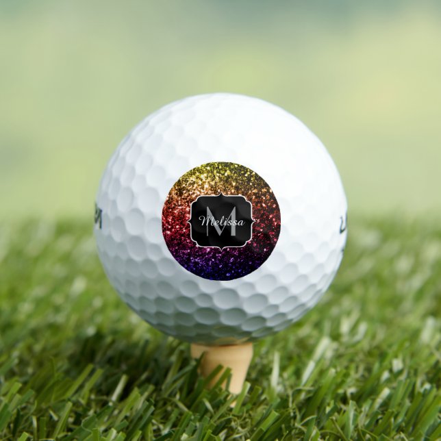 Rainbow yellow red purple sparkles Monogram Golf Balls (Insitu Tee)