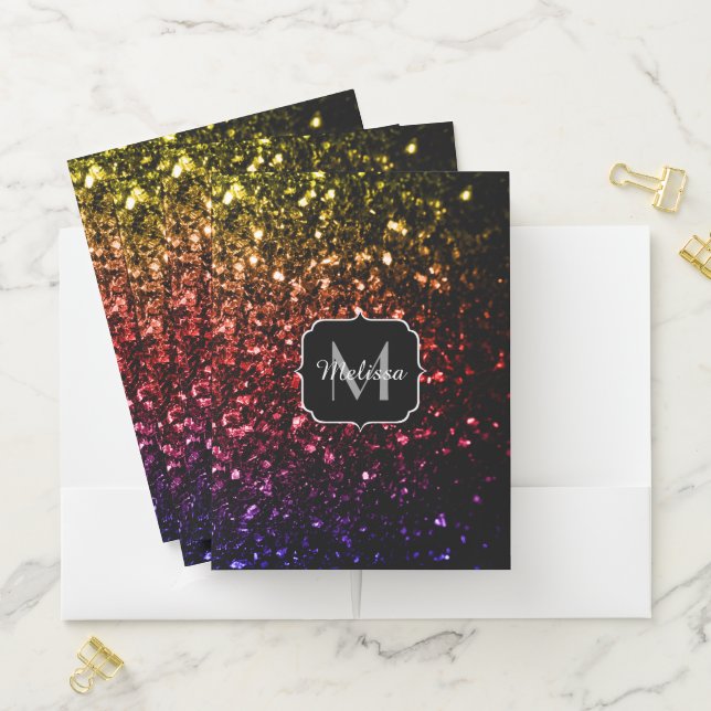 Rainbow yellow red purple sparkles Monogram Pocket Folder (In Situ)