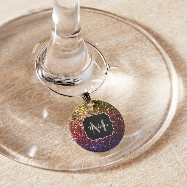 Rainbow yellow red purple sparkles Monogram Wine Glass Charm