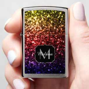 Rainbow yellow red purple sparkles Monogram Zippo Lighter