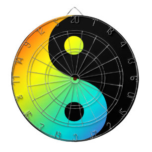 rainbow yin yang dartboard with darts