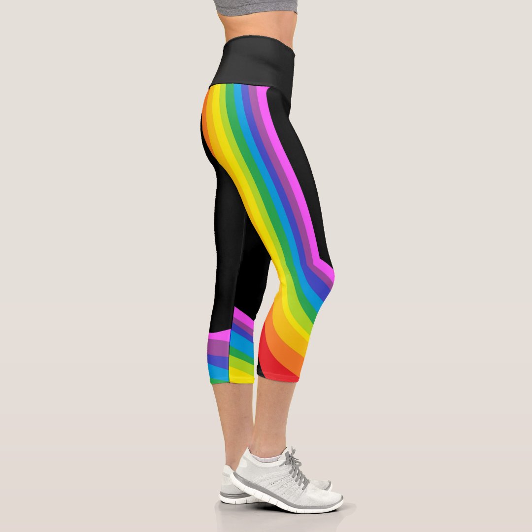 Rainbow Yoga Pants Black Capri With Rainbow Curve | Zazzle