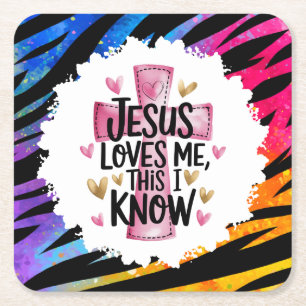 Rainbow Zebra Cross Christian Square Paper Coaster