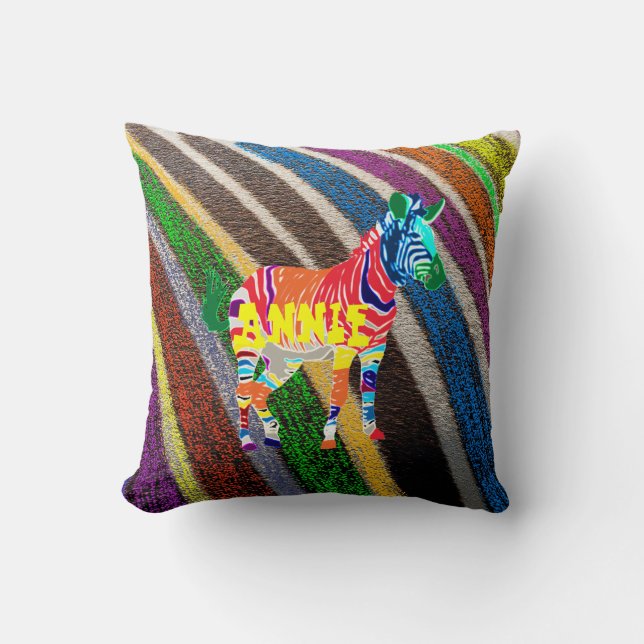 Rainbow Zebra Destiny Personalized Name Monogram Throw Pillow (Front)