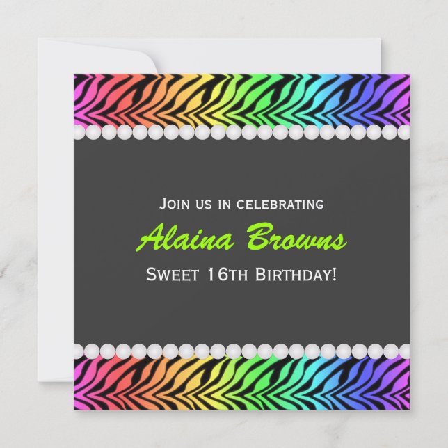 Rainbow Zebra & Pearl Birthday Invitation (Front)