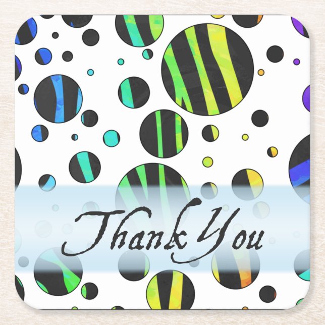 Rainbow Zebra Polka Dot Pattern Thank You Square Paper Coaster (Front)