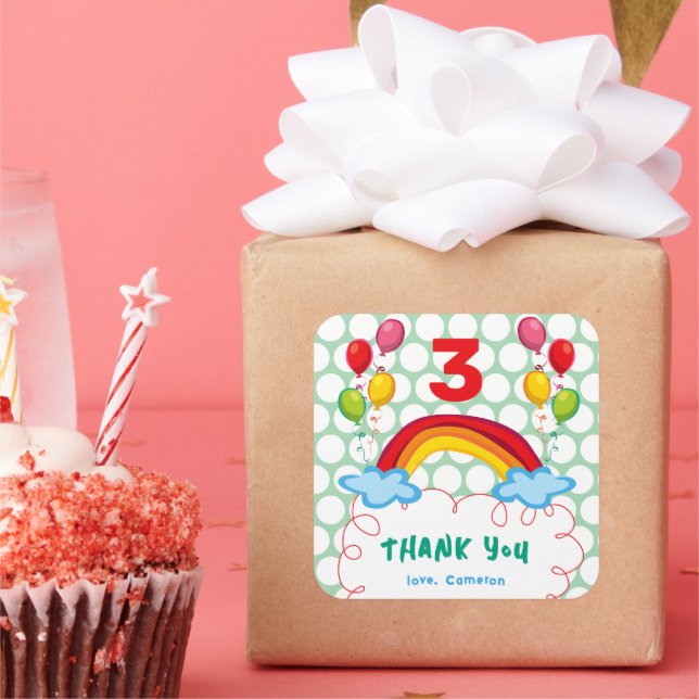 Rainbows And Balloons Kid's Birthday Party Favor Square Sticker (Party)