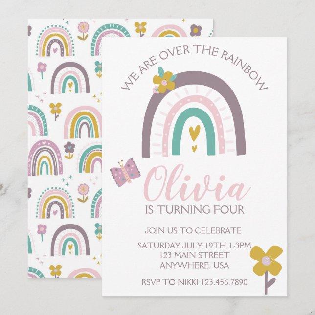Rainbows and Flowers Birthday Party Invite (Front/Back)