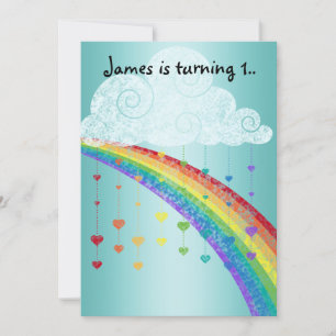 RAINBOWS AND HEART CLOUDS BLUE CHILDRENS PARTY INVITATION