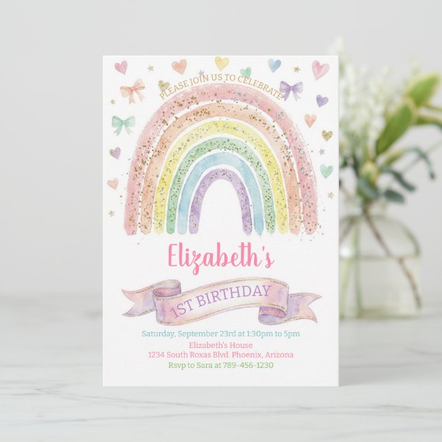 Rainbows and Hearts First Birthday Invite Pastel (Standing Front)