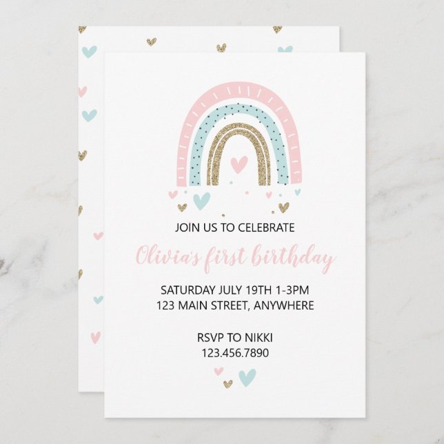 Rainbows and Hearts First Birthday Invite Pastel (Front/Back)