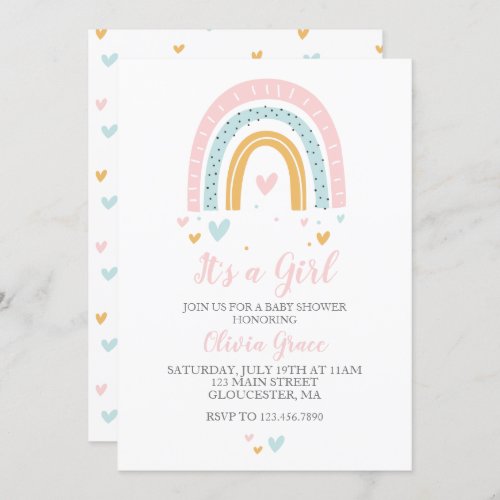 Rainbows and Hearts Girl Baby Shower Pastel Invita Invitation