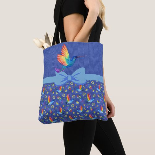 Rainbows and Love Humming Bird in Blueberry Tote Bag