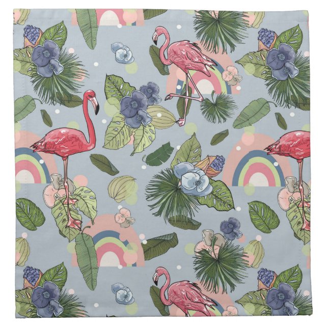 Rainbows and pink flamingos in tropical leaves and cloth napkin (Front)