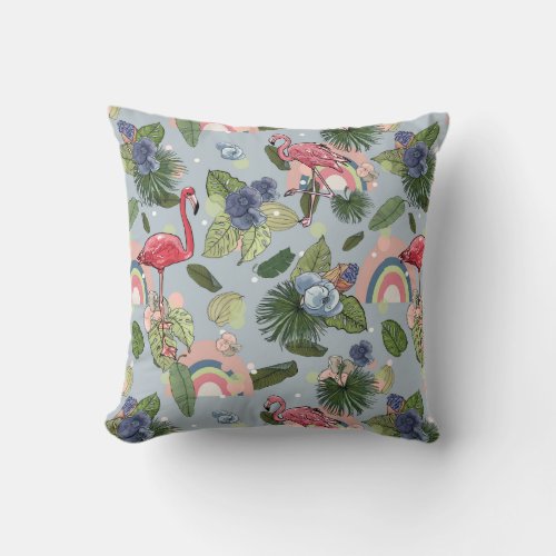 Rainbows and pink flamingos in tropical leaves and throw pillow