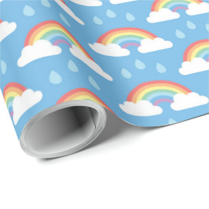 Rainbows and Raindrops on Light Blue Wrapping Paper