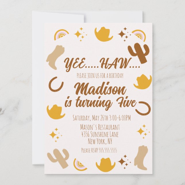 Rainbows and Rodeos Groovy Birthday Announcement (Front)