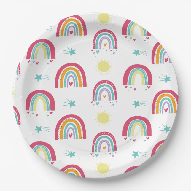 Rainbows and suns Birthday Pink and Purple Party Paper Plates (Front)