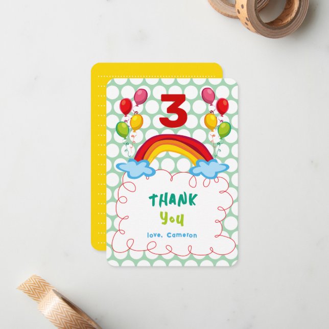 Rainbows & Balloons Fun Kid's Birthday Thank You Note Card (Front/Back In Situ)