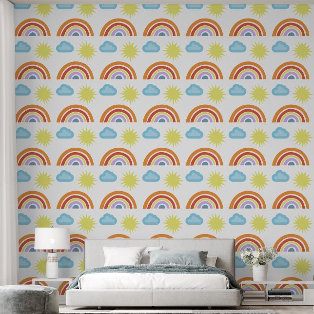 Rainbows, Clouds and Sunshine Cute Pattern Wallpaper (Bedroom)